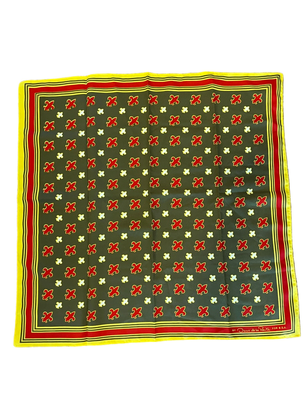VTG Oscar de la Renta Boy Scouts of America BSA Fleur de Lis Scarf Olive Yellow